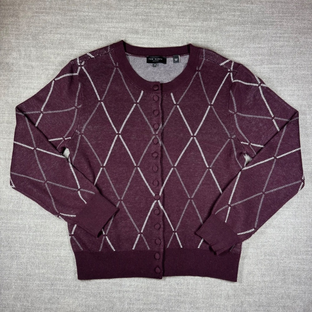 Ted Baker London Tartan Argyle Cardigan Burgundy Wool Blend‎ Sweater Womens S